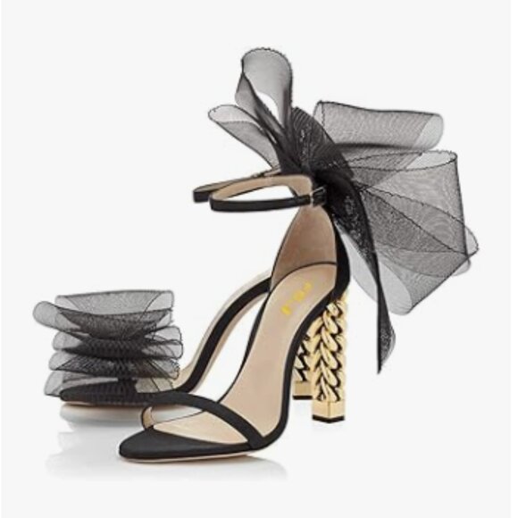 FSJ Black Mesh Gold Metal Chain Chunky High Heels Ankle Strap Open Toe Sandals - Picture 1 of 8